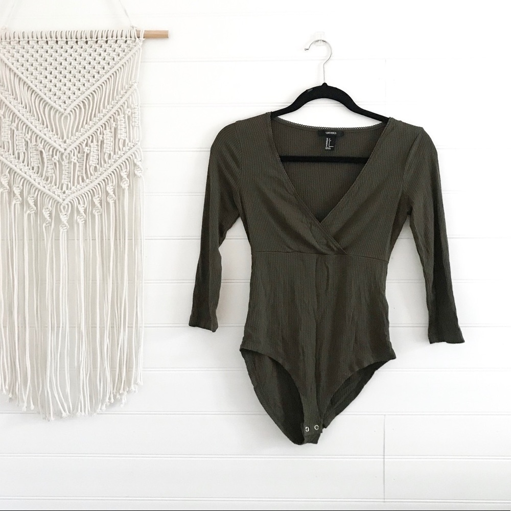 Forever21 Ribbed Olive Green Bodysuit